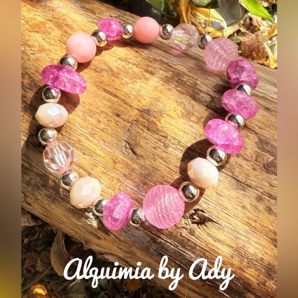 DOPAMINE + colorful pink quartz and Glass chunky bracelet